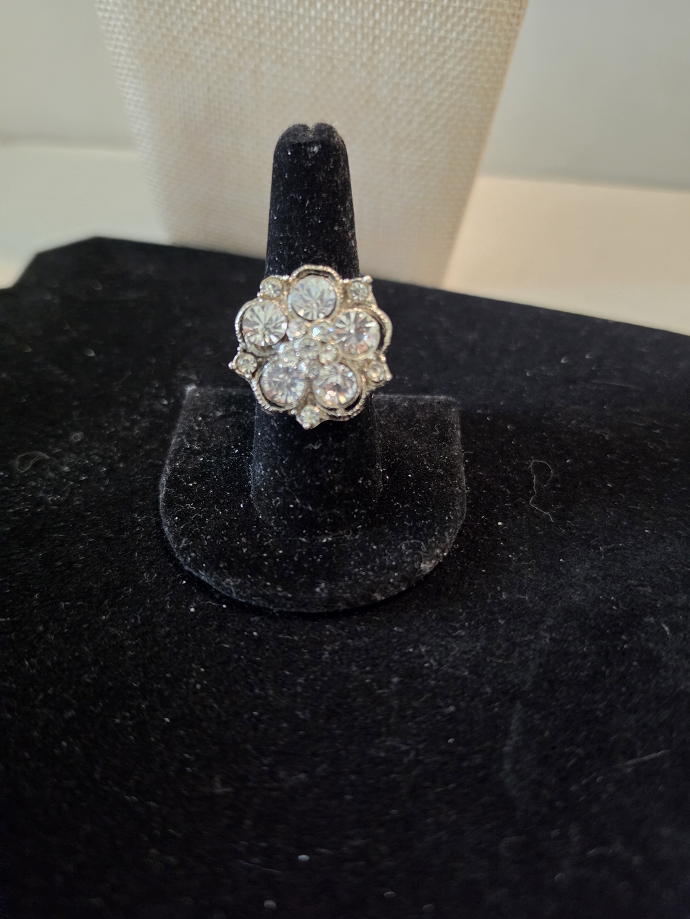 Crystal Cluster Flower Ring - Silver Tone